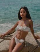  Costum de baie din 3 piese Alb Sutien și chiloți cu aplicații florale Pareo din plasă Irisel