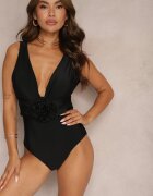  Costum de baie Negru Întreg Decorat cu aplicație Floare 3D cu întărire Seliris