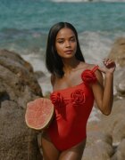  Costum de baie Roșu Întreg cu croi asimetric cu aplicație florală Irisabel
