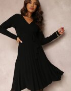 cozy Rochie negră tricotată cu legătură și cu fusta plisată Phelleira