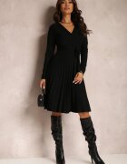 cozy Rochie negră tricotată cu legătură și cu fusta plisată Phelleira