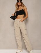 daysie Pantaloni Bej Tip cargo din bumbac Talie înaltă cu buzunare Zefara