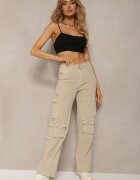 daysie Pantaloni Bej Tip cargo din bumbac Talie înaltă cu buzunare Zefara