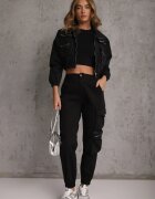 daysie Pantaloni Joggere Negri cu Buzunare Cargo din Bumbac Elastic Irisane