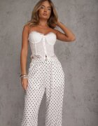 daysie Pantaloni largi Casual cu talie înaltă și buline decorați cu perlă Mesalin Albi