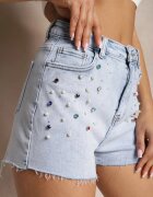 daysie Pantaloni scurți Albastre din Denim cu Talie Înaltă Decorați cu Perle și Zirconii Prescota