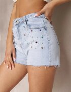 daysie Pantaloni scurți Albastre din Denim cu Talie Înaltă Decorați cu Perle și Zirconii Prescota