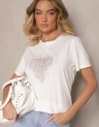 defox Bluză Albă din Bumbac Decorată cu Inimă din Zirconiu și cu Imprimeu Marillena