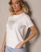 defox Bluză Albă din Bumbac Decorată cu Inimă din Zirconiu și cu Imprimeu Marillena