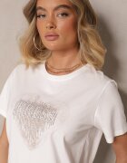 defox Bluză Albă din Bumbac Decorată cu Inimă din Zirconiu și cu Imprimeu Marillena