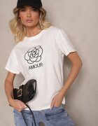 defox Bluză Albă Din Bumbac Decorată cu text și broderie Nalanith