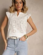 defox Bluză Albă din Bumbac Decorată cu volane și cu model ajurat Grelzeki