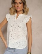defox Bluză Albă din Bumbac Decorată cu volane și cu model ajurat Grelzeki