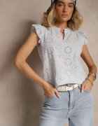 defox Bluză Albastru deschis De bumbac Decorată cu volane și cu model ajurat Grelzeki