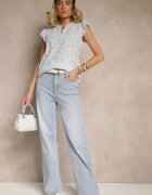 defox Bluză Albastru deschis De bumbac Decorată cu volane și cu model ajurat Grelzeki