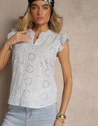 defox Bluză Albastru deschis De bumbac Decorată cu volane și cu model ajurat Grelzeki