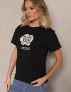 defox Bluză din bumbac neagră decorată cu inscripție și broderie Nalanith