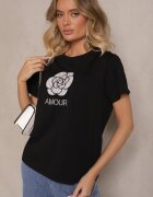 defox Bluză din bumbac neagră decorată cu inscripție și broderie Nalanith