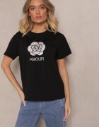 defox Bluză din bumbac neagră decorată cu inscripție și broderie Nalanith