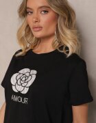 defox Bluză din bumbac neagră decorată cu inscripție și broderie Nalanith
