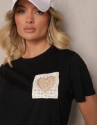 defox Bluză neagră de bumbac decorată cu inimă din zirconiu Marionella