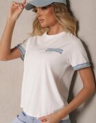 defox Bluză T-shirt Albă din Bumbac Oversize cu Finisaj Decorativ Mirnil