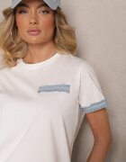 defox Bluză T-shirt Albă din Bumbac Oversize cu Finisaj Decorativ Mirnil
