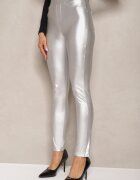 defox Colanți Argintii din Imitație de Piele High Waist Noriel