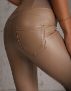 defox Colanți Bej închis din imitație de piele High Waist cu căptușeală Felilith