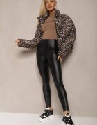 defox Colanți Negri din Piele Ecologică High Waist cu Imitații de Buzunare Salabria