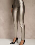 defox Colanți șampanie High Waist din imitație de piele cu elastic în talie decorați cu nasturi Sinairis