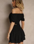 defox Compleu Negru cu Imprimeu Decorativ Fustă-Pantaloni scurți și Bluză Tip Carmen Sarilessa