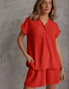 defox Compleu Portocaliu din Viscoză Tricou cu nasturi decorativi și Pantaloni scurți Niterela