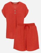 defox Compleu Portocaliu din Viscoză Tricou cu nasturi decorativi și Pantaloni scurți Niterela