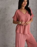defox Compleu Roz închis Bluză și Pantaloni largi cu viscoză și buzunare Efraria