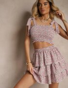 defox Compleu Roz Print Floral Top cu bretele de legat și Fustă Evazată Nativirae