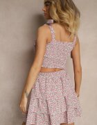 defox Compleu Roz Print Floral Top cu bretele de legat și Fustă Evazată Nativirae