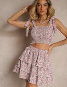 defox Compleu Roz Print Floral Top cu bretele de legat și Fustă Evazată Nativirae