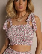 defox Compleu Roz Print Floral Top cu bretele de legat și Fustă Evazată Nativirae