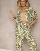 defox Compleu Verde închis din Viscoză cu Imprimeu Ornamental Cămașă și Pantaloni Largi Sarilsa