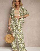 defox Compleu Verde închis din Viscoză cu Imprimeu Ornamental Cămașă și Pantaloni Largi Sarilsa