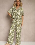 defox Compleu Verde închis din Viscoză cu Imprimeu Ornamental Cămașă și Pantaloni Largi Sarilsa
