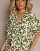 defox Compleu Verde închis din Viscoză cu Imprimeu Ornamental Cămașă și Pantaloni Largi Sarilsa
