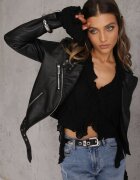 defox Geacă Neagră Stil Ramones cu Centură Ajustabilă și Fermoar Asimetric Braliona
