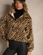 defox Jachetă Bej din blană cu Imprimeu Zebră cu Elastic și Buzunare Felremi