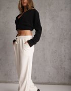 defox Pantaloni Albi cu croială largă High Waist cu legătură în talie Ettianne