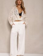 defox Pantaloni Albi din Bumbac cu Crăci Drepți cu Elastic și Șnur în Talie Efrara