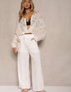 defox Pantaloni Albi din Bumbac cu Crăci Drepți cu Elastic și Șnur în Talie Efrara