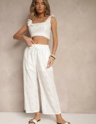 defox Pantaloni Albi High Waist din țesătură de bumbac decorați cu broderie Mevirona