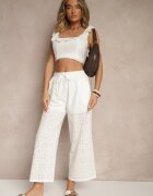 defox Pantaloni Albi High Waist din țesătură de bumbac decorați cu broderie Mevirona